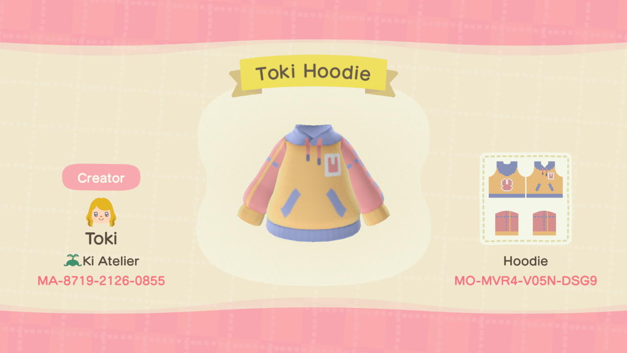 Animal Crossing Design Code: MO-MVR4-V05N-DSG9 Toki Hoodie