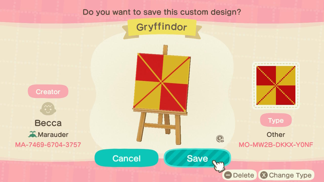 Animal Crossing Design Code: MO-MW2B-DKKX-Y0NF Gryffindor