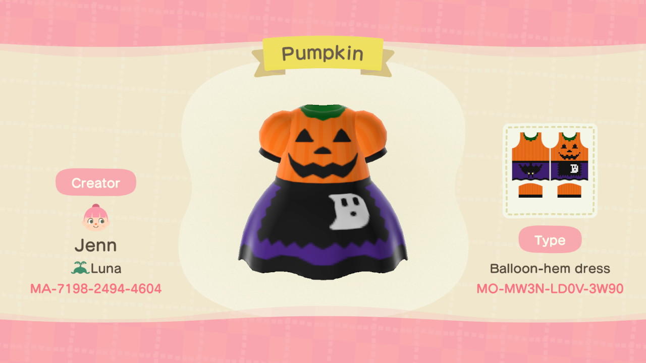 Animal Crossing Design Code: MO-MW3N-LD0V-3W90 Pumpkin Dress