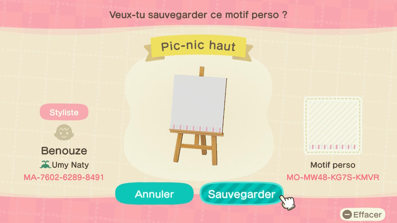 Animal Crossing Design Code: MO-MW48-KG7S-KMVR Pic-nic haut