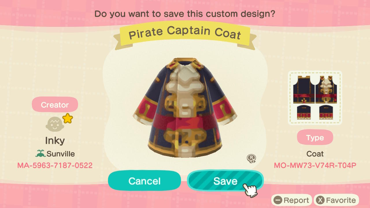 Animal Crossing Design Code: MO-MW73-V74R-T04P Pirate Captain Coat
