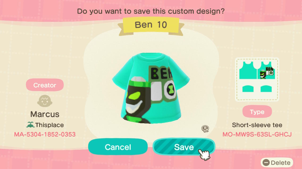 Animal Crossing Design Code: MO-MW9S-63SL-GHCJ Ben 10 Buzzshock