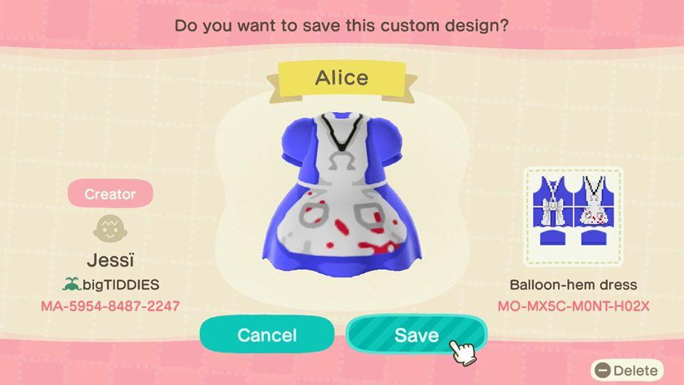 Animal Crossing Design Code: MO-MX5C-M0NT-H02X Alice