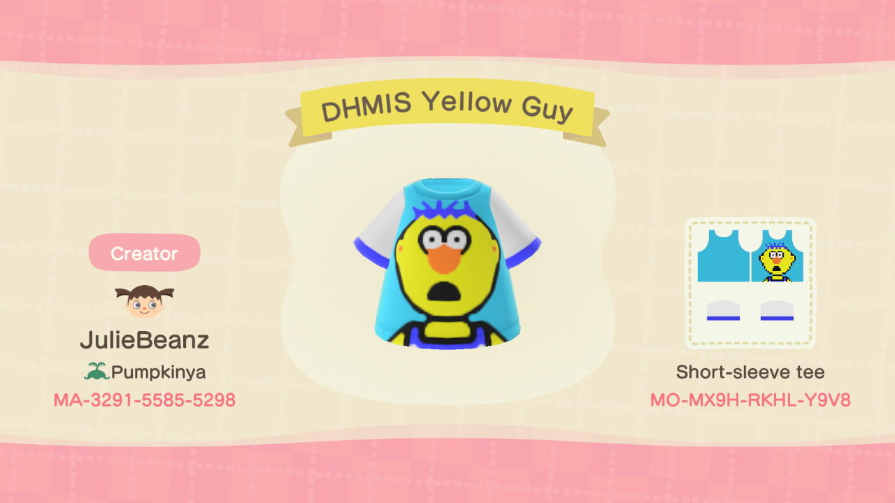 Animal Crossing Design Code: MO-MX9H-RKHL-Y9V8 DHMIS Yellow Guy