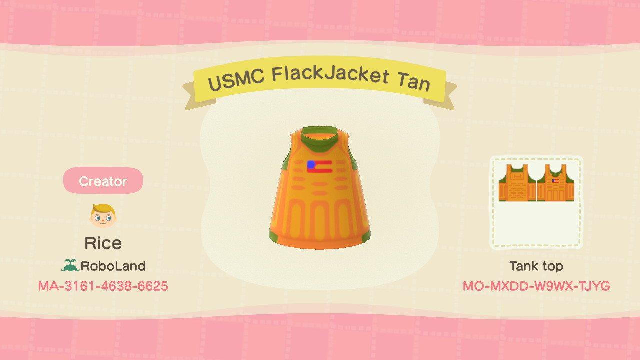 Animal Crossing Design Code: MO-MXDD-W9WX-TJYG USMC FlackJacket Tan