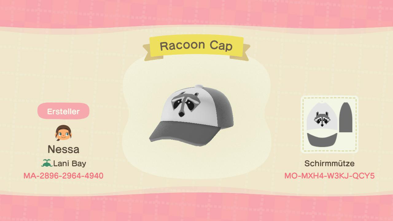 Animal Crossing Design Code: MO-MXH4-W3KJ-QCY5 Racoon Cap