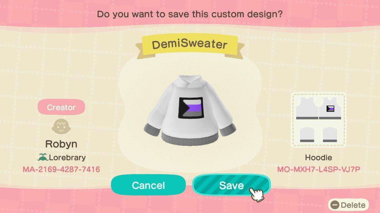 Animal Crossing Design Code: MO-MXH7-L4SP-VJ7P DemiPride Hoodie
