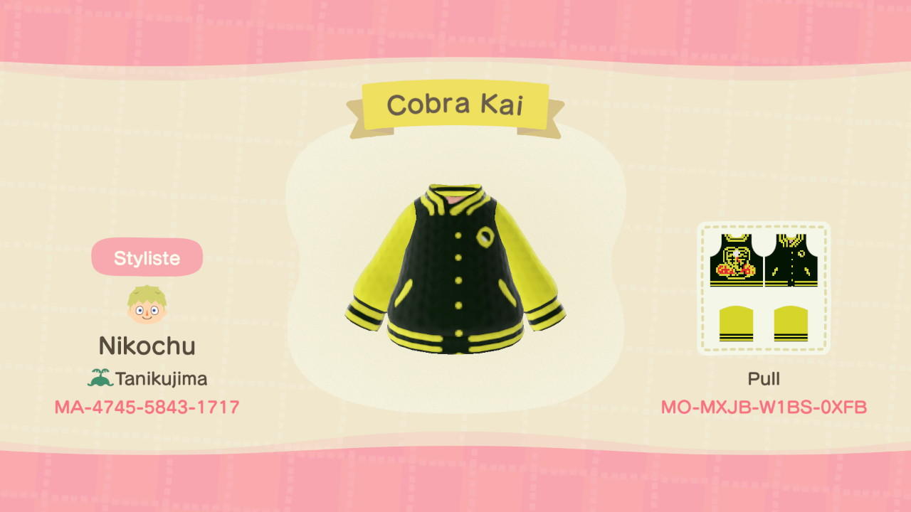 Animal Crossing Design Code: MO-MXJB-W1BS-0XFB Cobra Kai Jersey