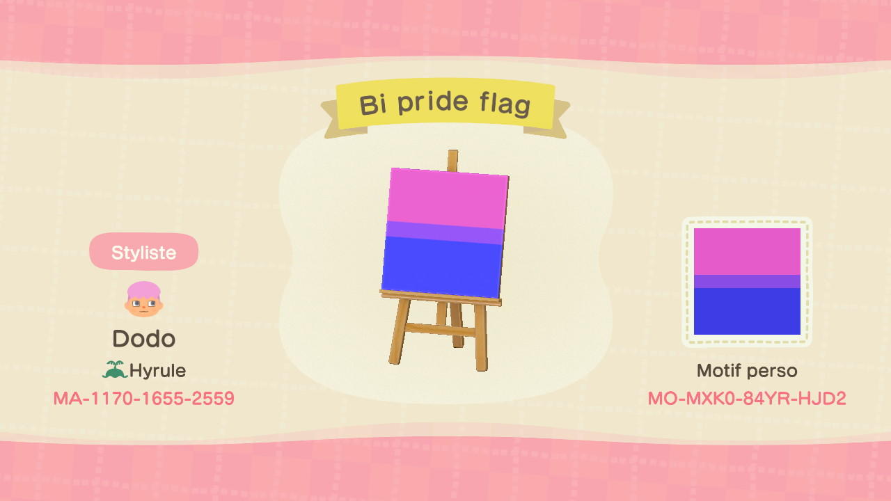 Animal Crossing Design Code: MO-MXK0-84YR-HJD2 Bi Pride Flag