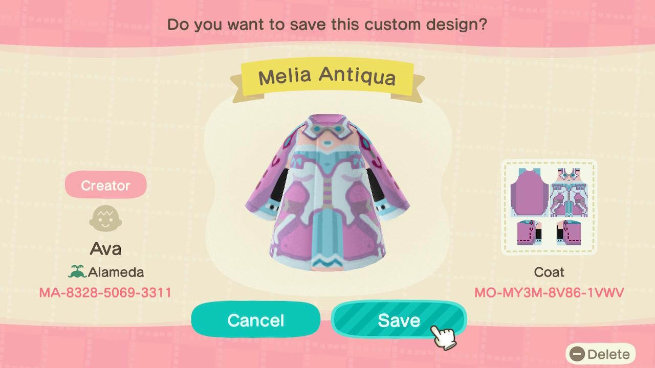 Animal Crossing Design Code: MO-MY3M-8V86-1VWV Melia Antiqua