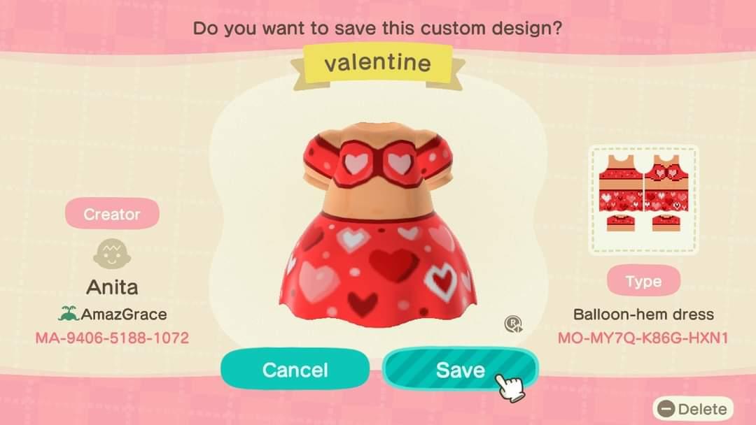 Animal Crossing Design Code: MO-MY7Q-K86G-HXN1 Valentine