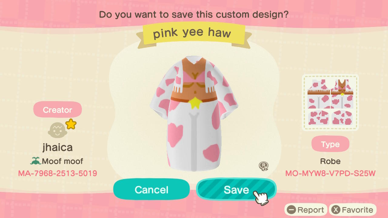Animal Crossing Design Code: MO-MYW8-V7PD-S25W Pink Yee Haw S6