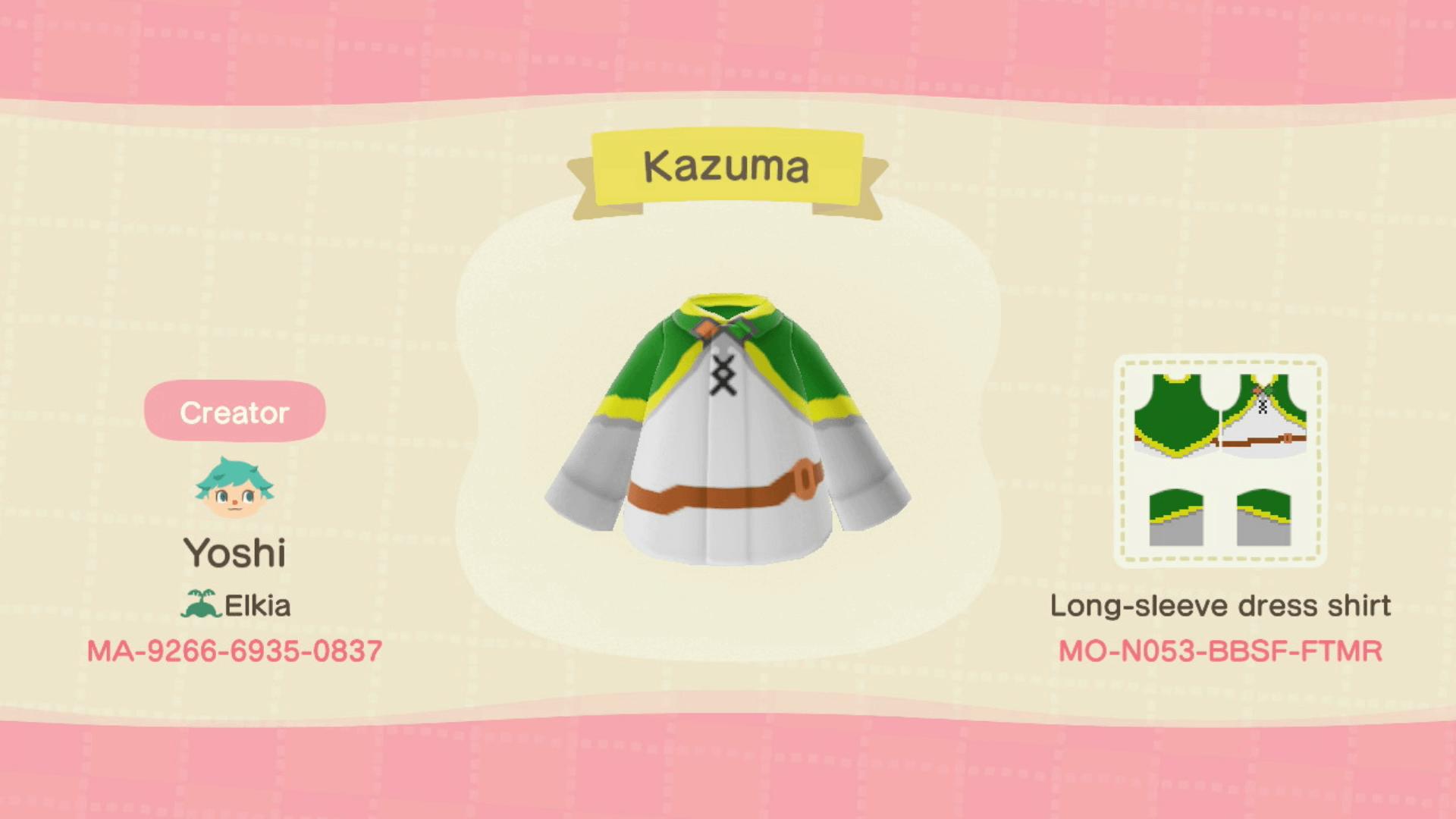 Animal Crossing Design Code: MO-N053-BBSF-FTMR Kazuma