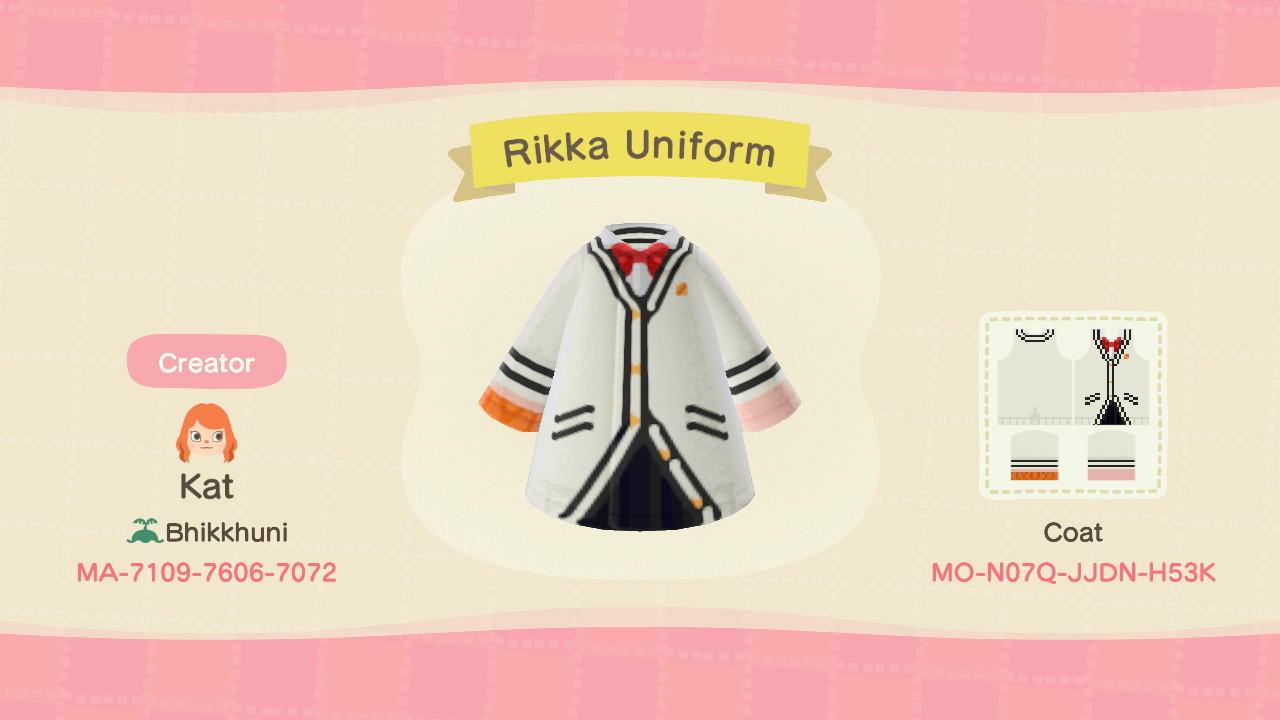 Animal Crossing Design Code: MO-N07Q-JJDN-H53K Rikka's Uniform