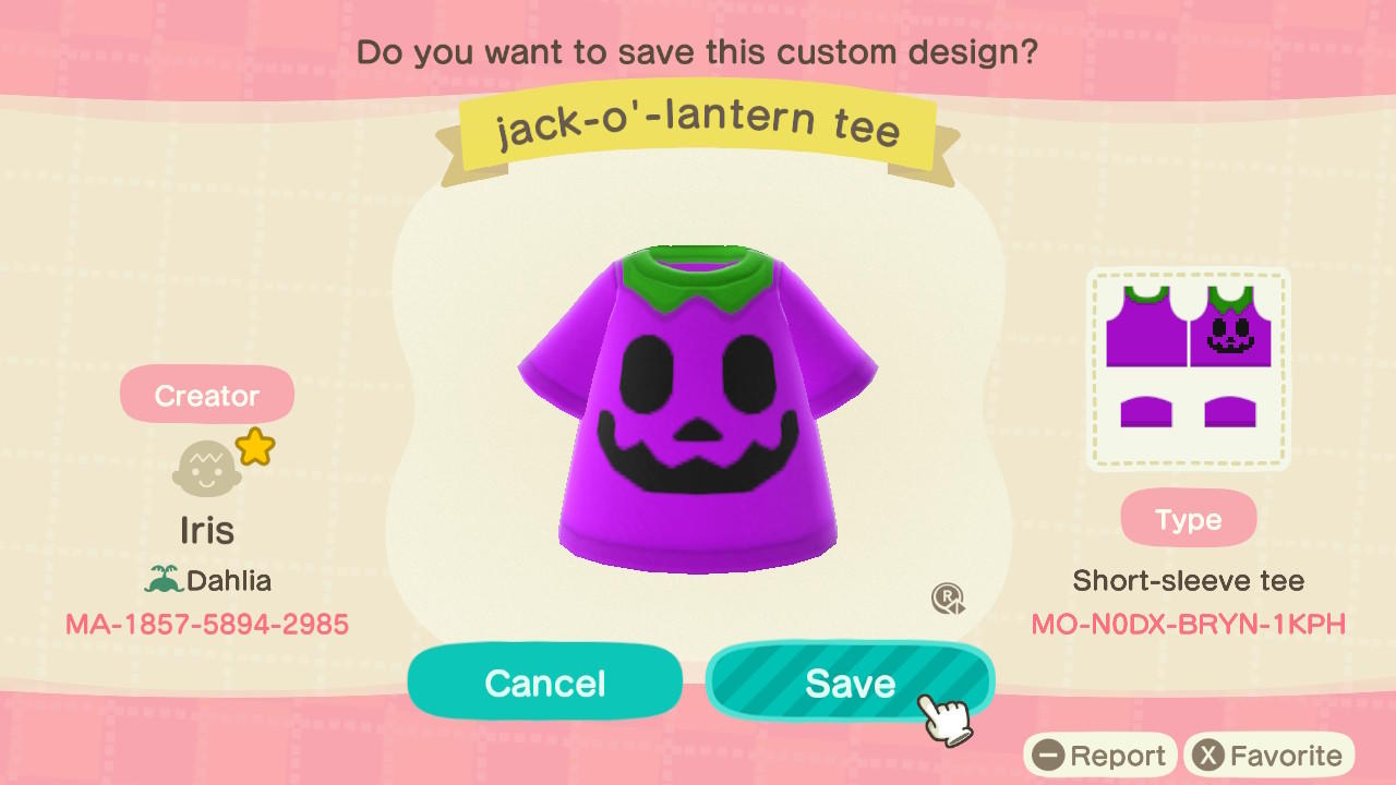 Animal Crossing Design Code: MO-N0DX-BRYN-1KPH jack-o'-lantern tee