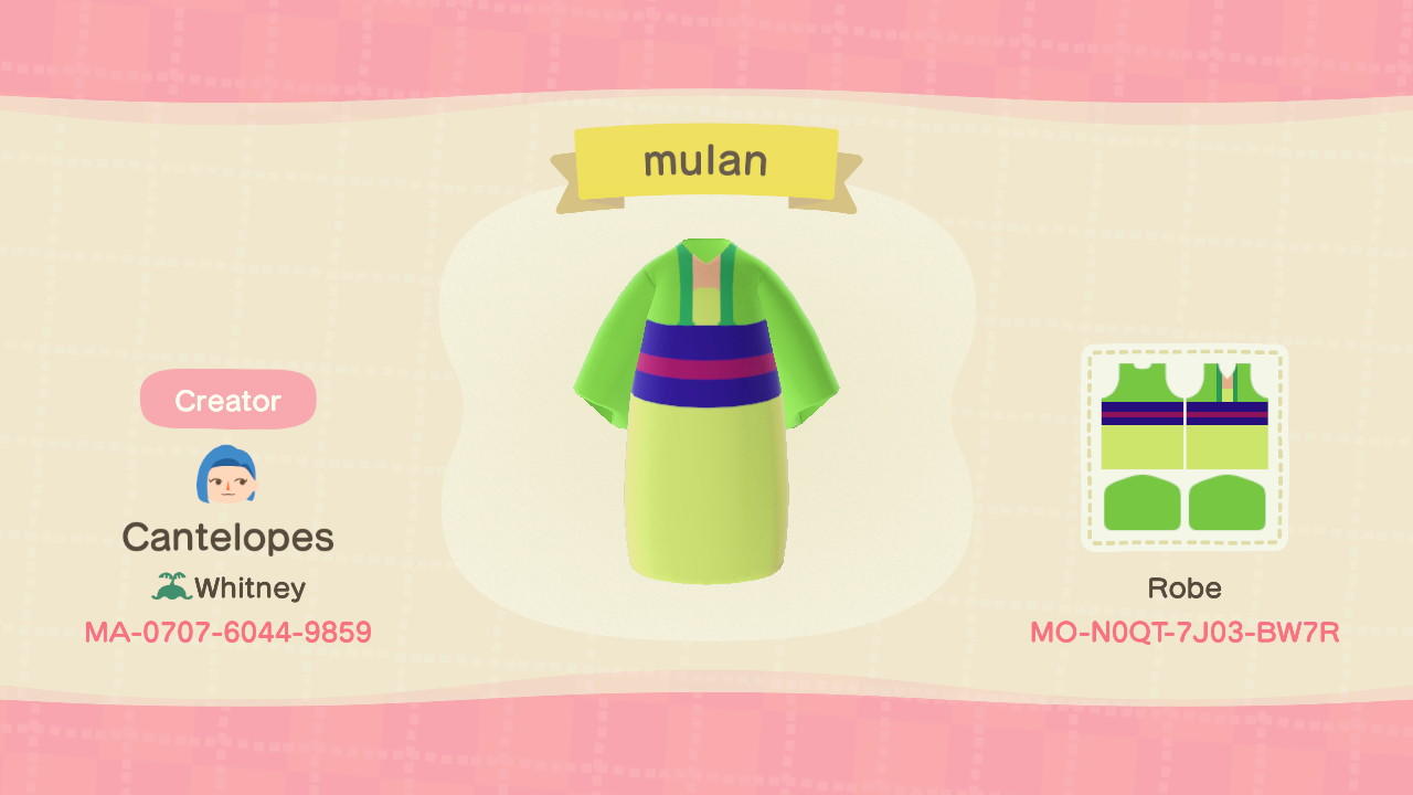 Animal Crossing Design Code: MO-N0QT-7J03-BW7R mulan