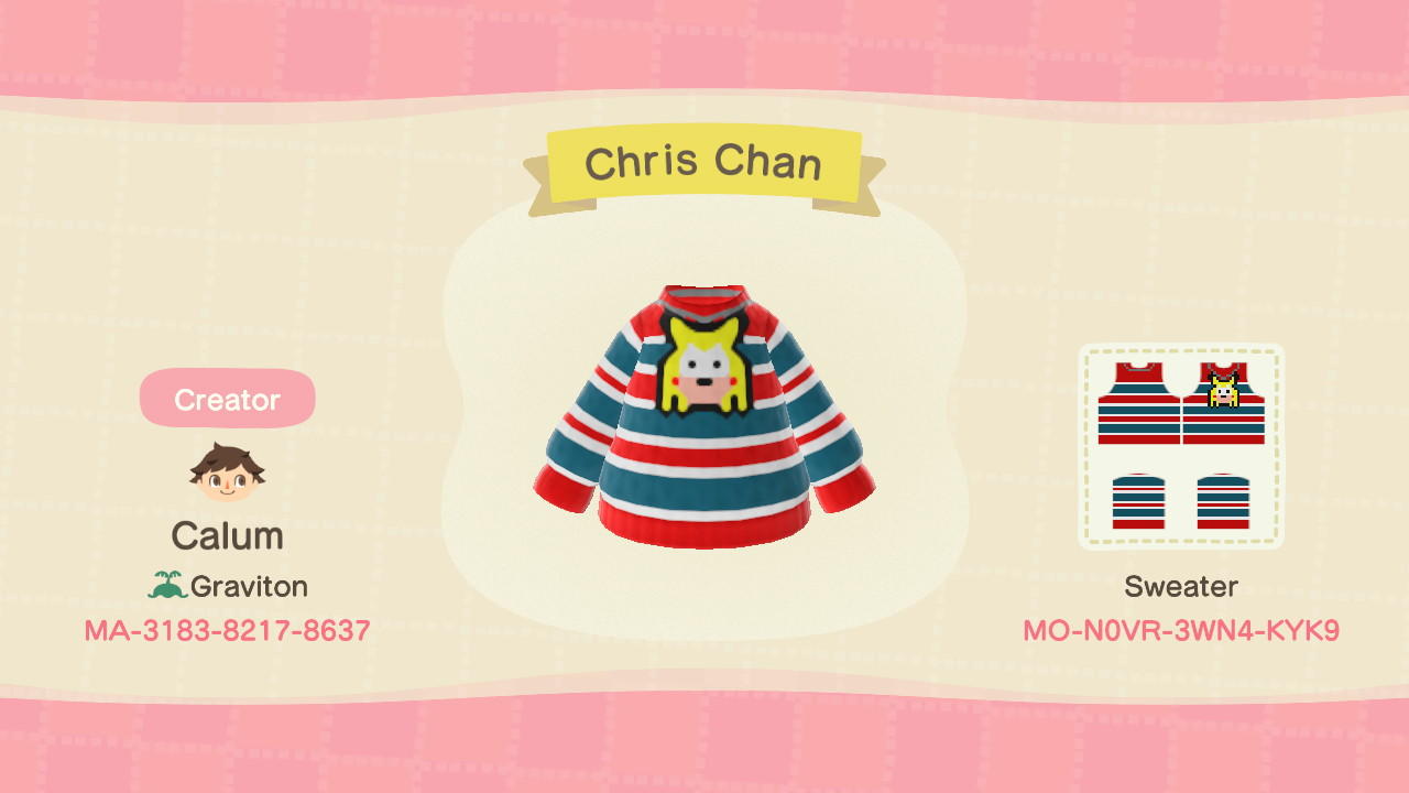 Animal Crossing Design Code: MO-N0VR-3WN4-KYK9 Chris Chan