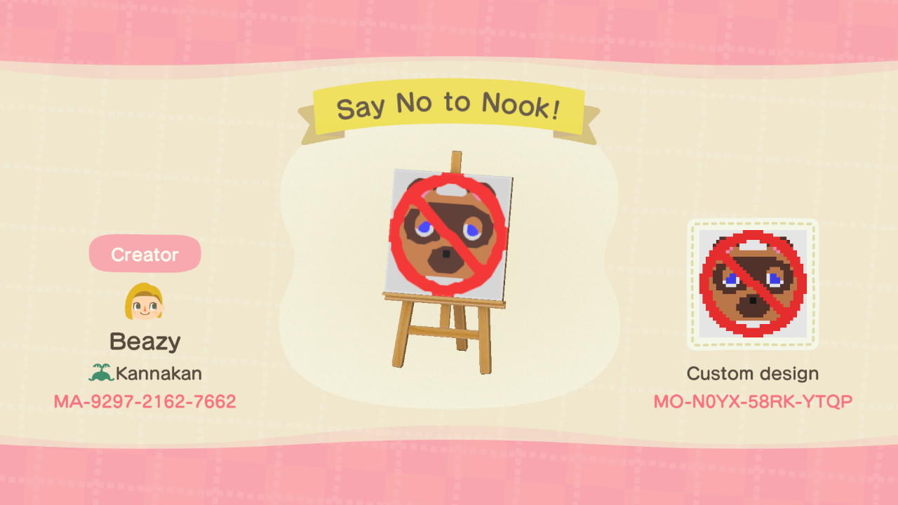 Animal Crossing Design Code: MO-N0YX-58RK-YTQP Say No to Nook!