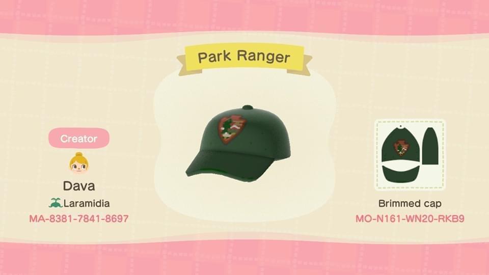 Animal Crossing Design Code: MO-N161-WN20-RKB9 Park Ranger Cap