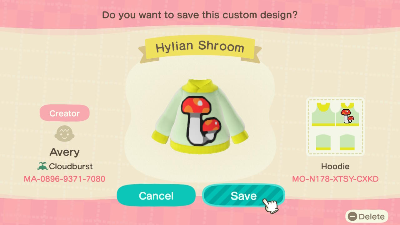 Animal Crossing Design Code: MO-N178-XTSY-CXKD Hylian Shroom