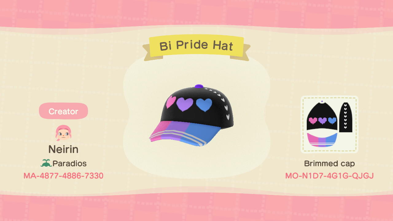 Animal Crossing Design Code: MO-N1D7-4G1G-QJGJ Bi Pride Hat