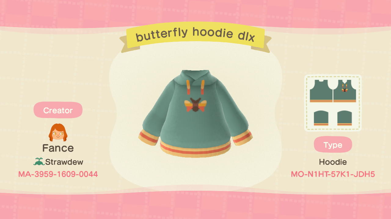 Animal Crossing Design Code: MO-N1HT-57K1-JDH5 Butterfly Hoodie
