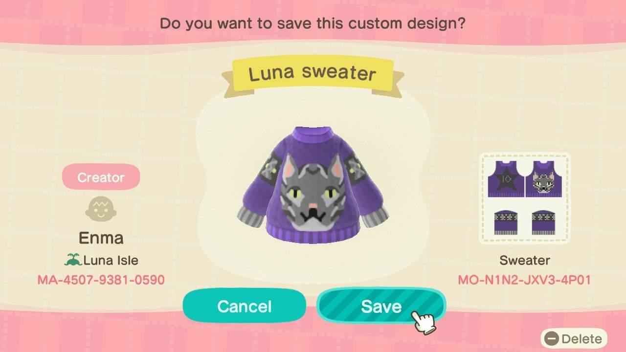 Animal Crossing Design Code: MO-N1N2-JXV3-4P01 Cat face sweater