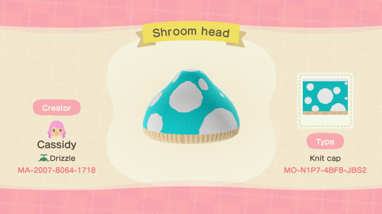 Animal Crossing Design Code: MO-N1P7-4BF8-JBS2 Shroom Head