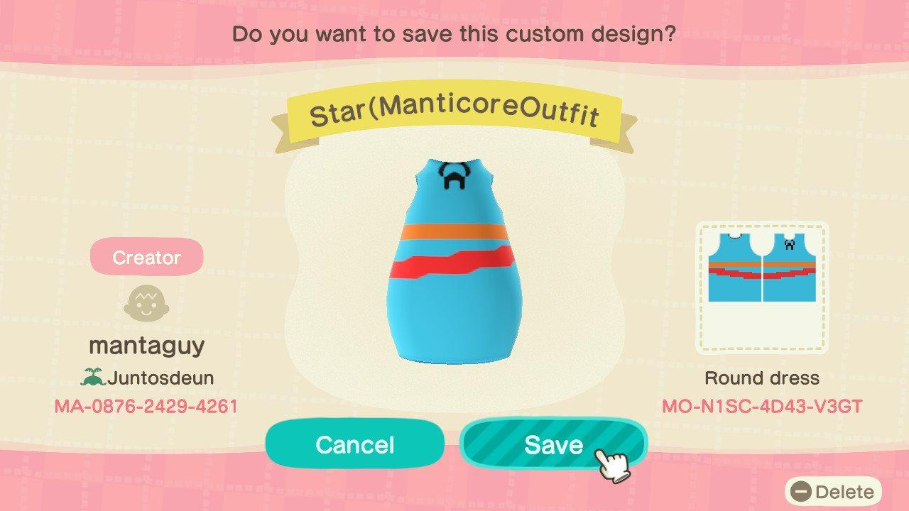 Animal Crossing Design Code: MO-N1SC-4D43-V3GT Star(ManticoreOutfit