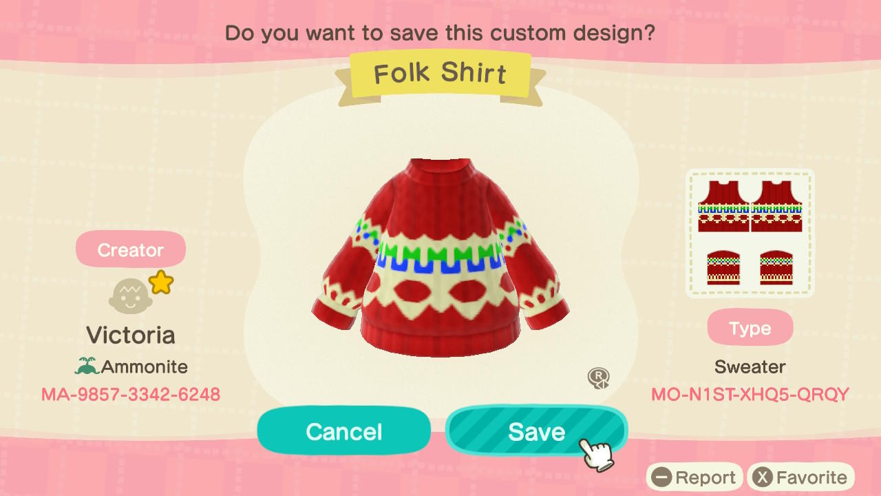 Animal Crossing Design Code: MO-N1ST-XHQ5-QRQY Folk Shirt