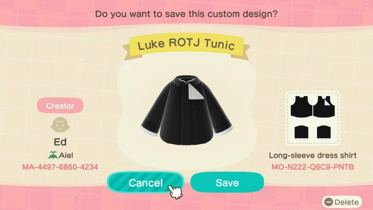 Animal Crossing Design Code: MO-N222-Q6C9-PNTB Luke ROTJ Tunic