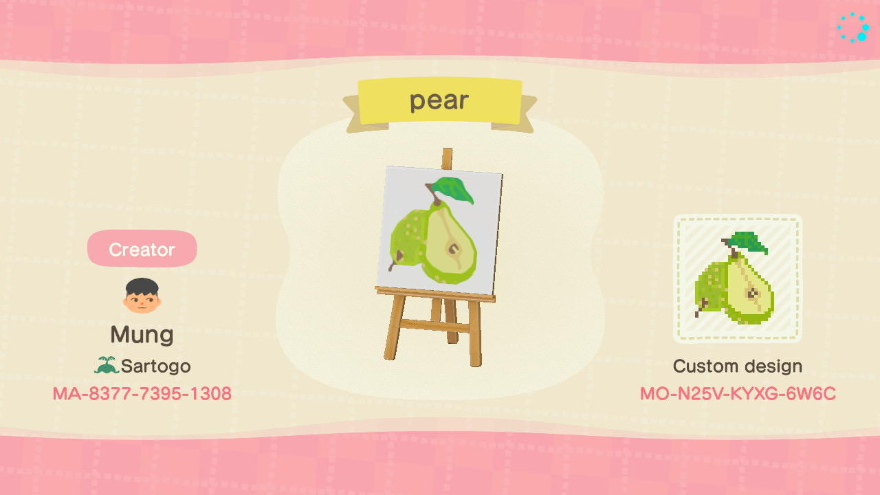 Animal Crossing Design Code: MO-N25V-KYXG-6W6C Pear