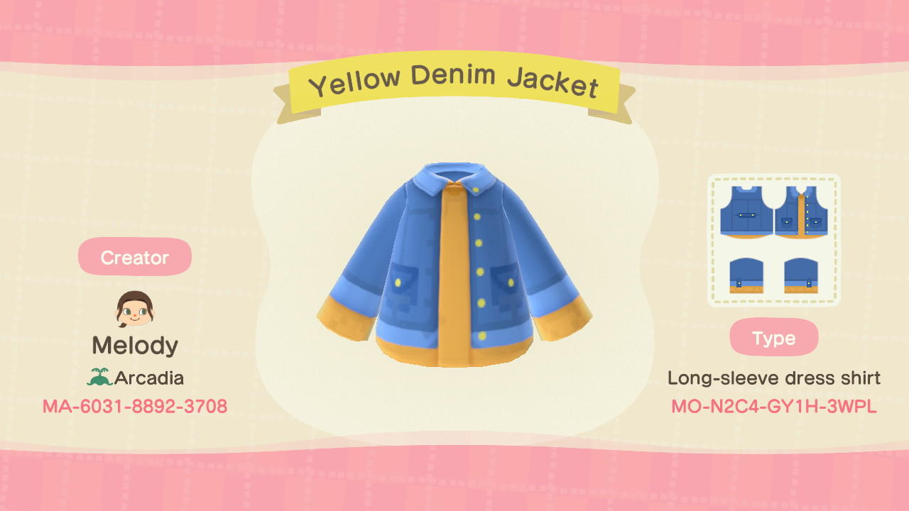 Animal Crossing Design Code: MO-N2C4-GY1H-3WPL Yellow Denim Jacket
