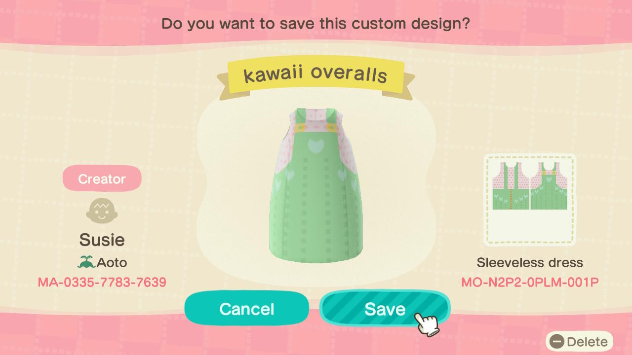 Animal Crossing Design Code: MO-N2P2-0PLM-001P Kawaii Overalls