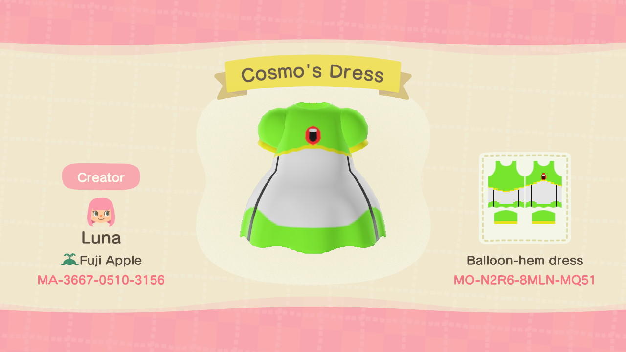 Animal Crossing Design Code: MO-N2R6-8MLN-MQ51 Cosmo's Dress