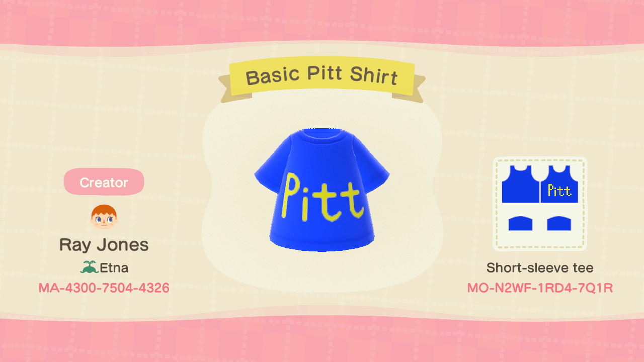 Animal Crossing Design Code: MO-N2WF-1RD4-7Q1R Basic Pitt Shirt