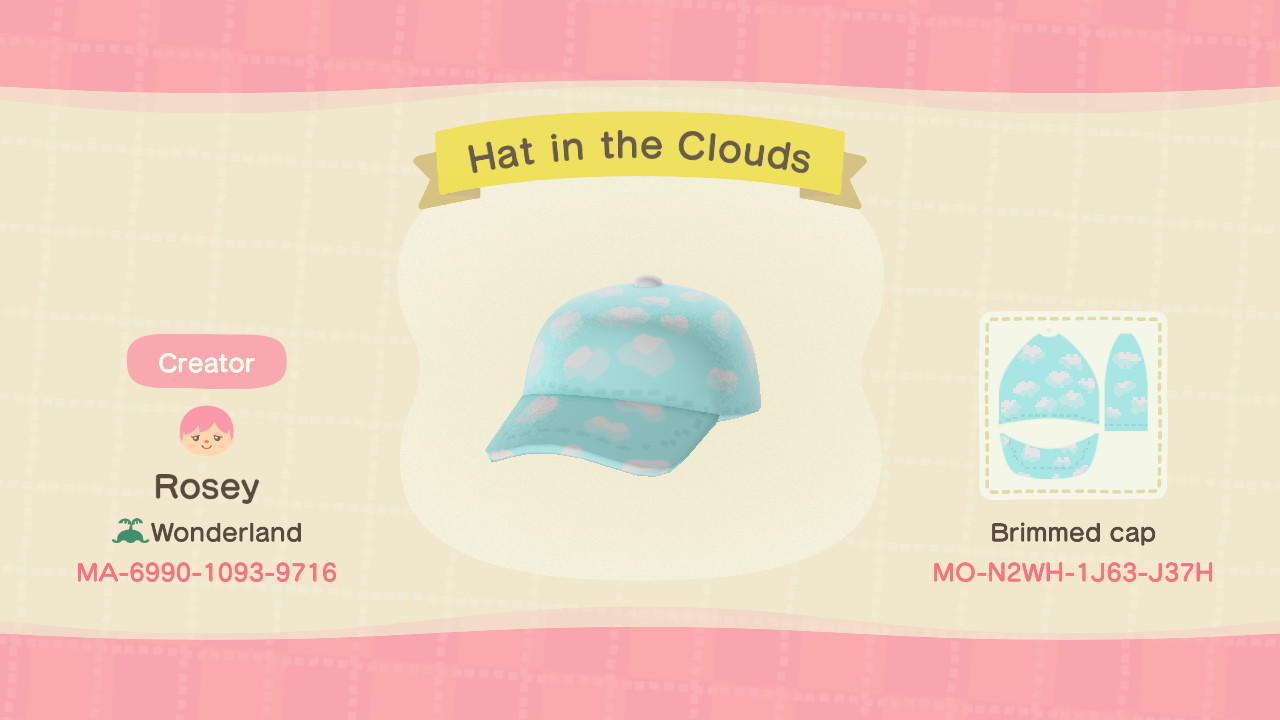 Animal Crossing Design Code: MO-N2WH-1J63-J37H Hat in the Clouds