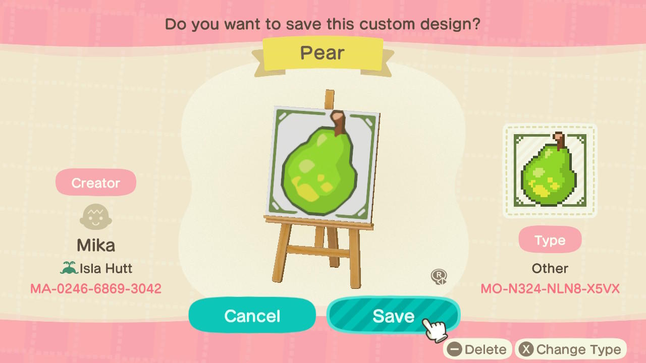 Animal Crossing Design Code: MO-N324-NLN8-X5VX Pear Orchard Sign
