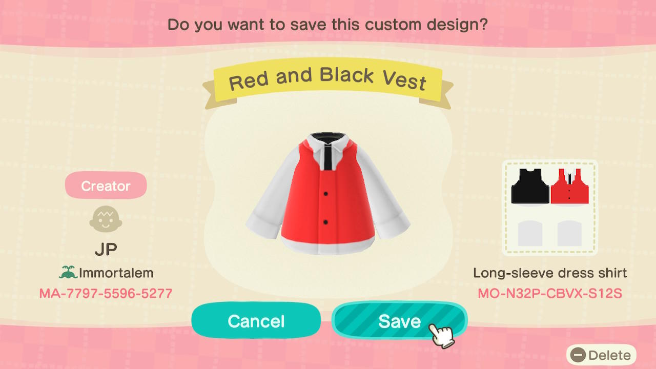 Animal Crossing Design Code: MO-N32P-CBVX-S12S Red and Black Vest