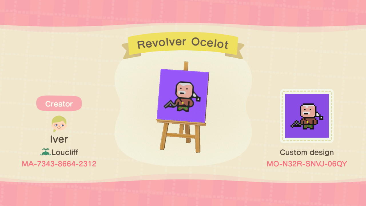 Animal Crossing Design Code: MO-N32R-SNVJ-06QY Revolver Ocelot