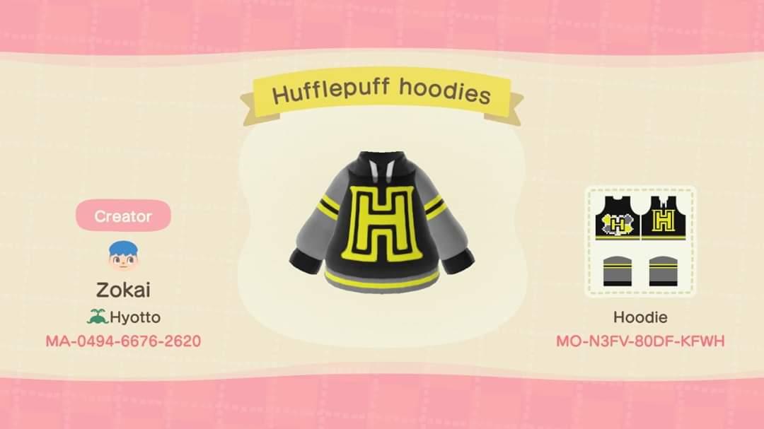 Animal Crossing Design Code: MO-N3FV-80DF-KFWH Hufflepuff Hoodies