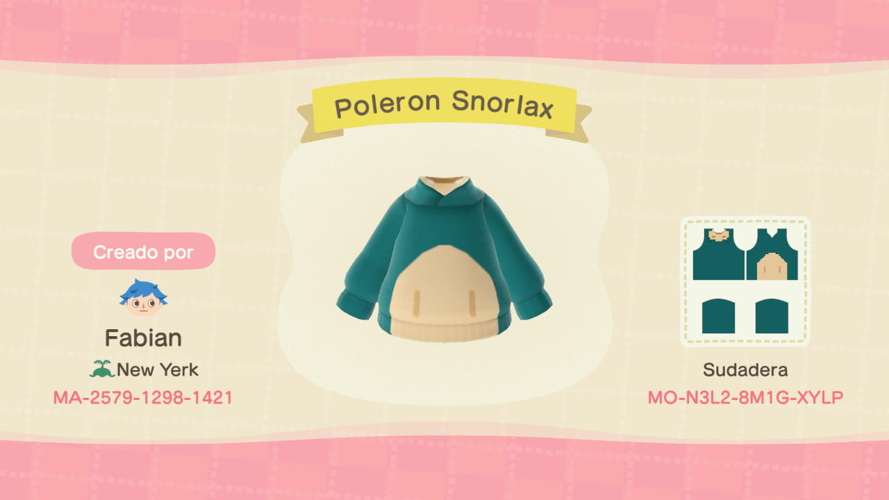 Animal Crossing Design Code: MO-N3L2-8M1G-XYLP Snorlax Hoodie