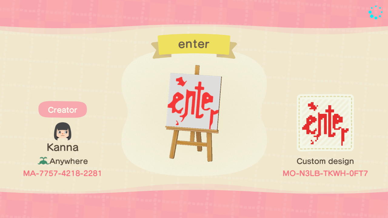Animal Crossing Design Code: MO-N3LB-TKWH-0FT7 enter