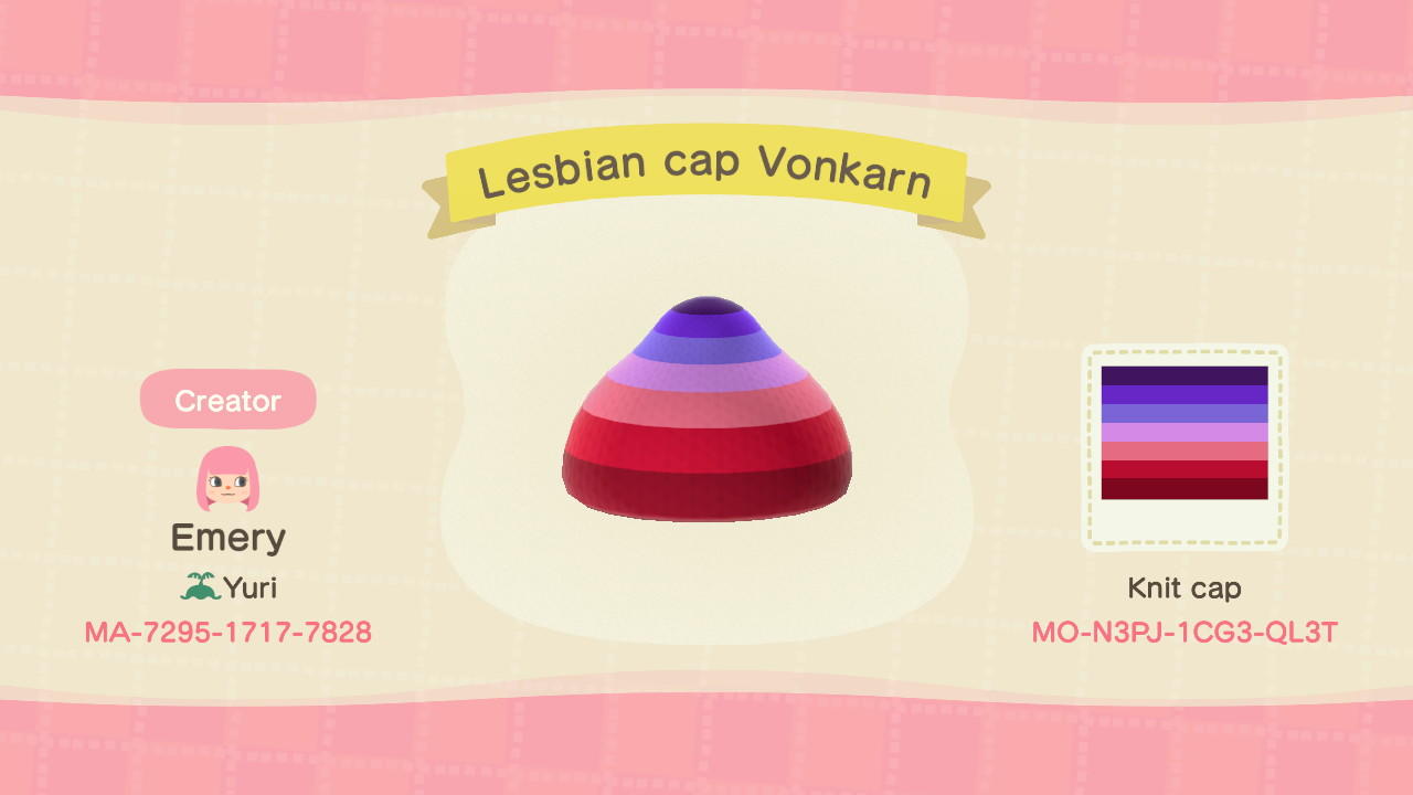 Animal Crossing Design Code: MO-N3PJ-1CG3-QL3T Lesbian cap Vonkarn