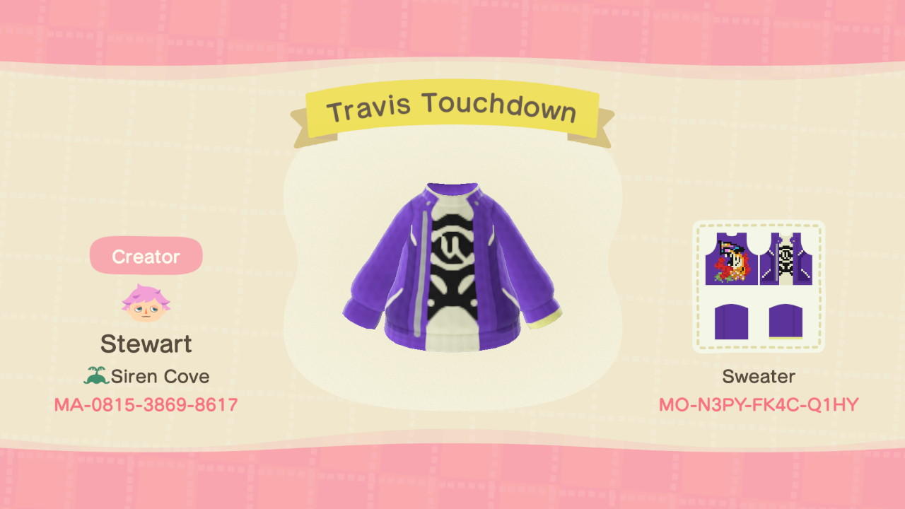 Animal Crossing Design Code: MO-N3PY-FK4C-Q1HY Travis Touchdown