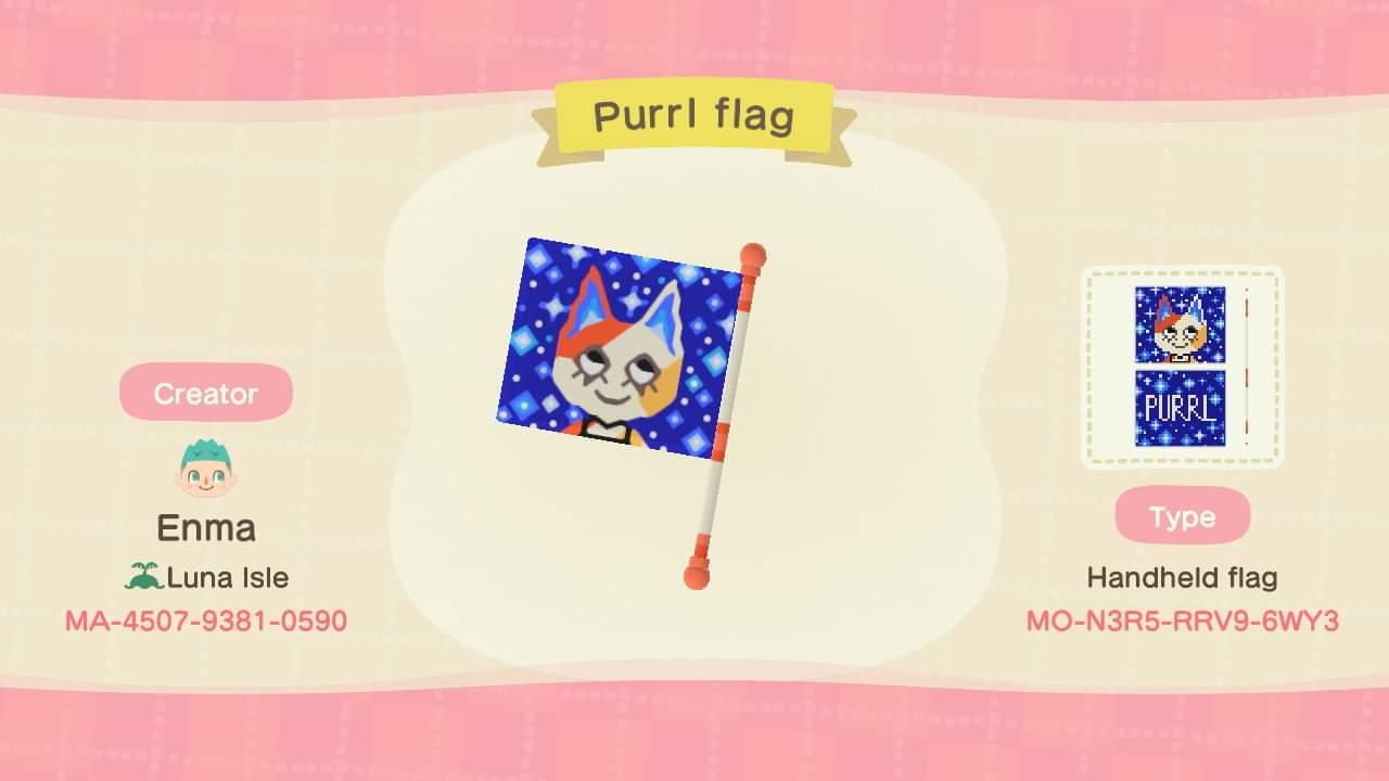 Animal Crossing Design Code: MO-N3R5-RRV9-6WY3 Purrl handheld flag