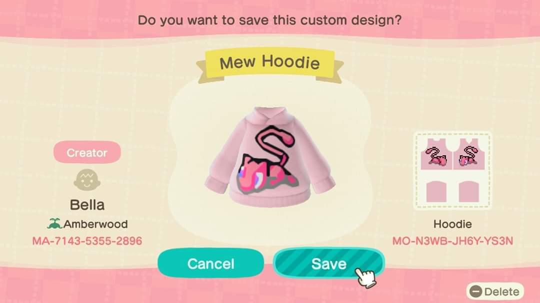 Animal Crossing Design Code: MO-N3WB-JH6Y-YS3N Mew Hoodie