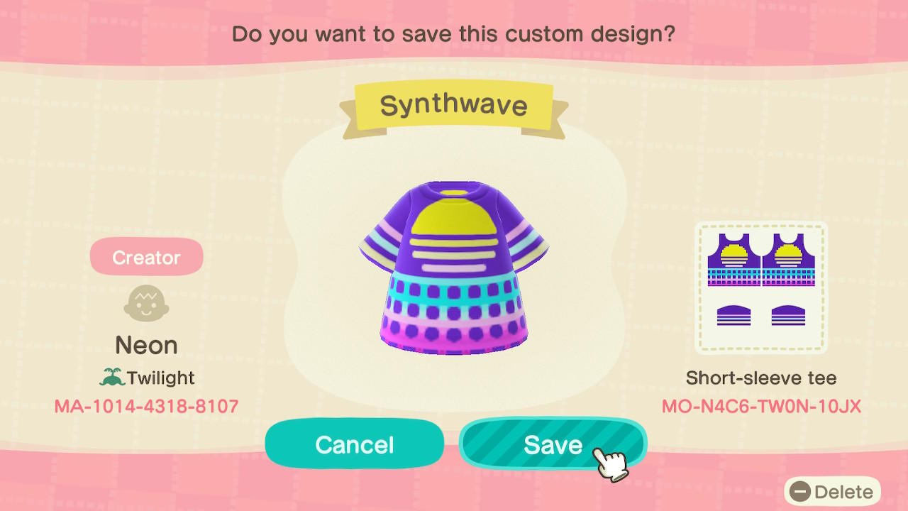 Animal Crossing Design Code: MO-N4C6-TW0N-10JX Synthwave