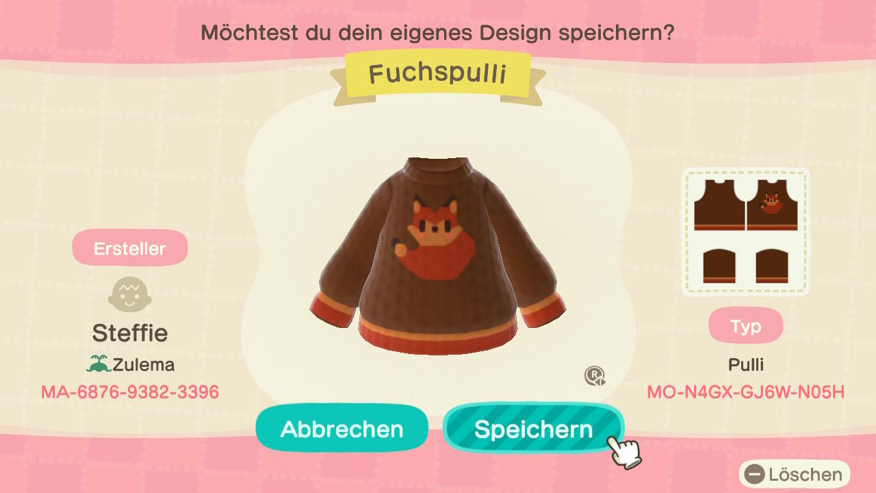 Animal Crossing Design Code: MO-N4GX-GJ6W-N05H Fuchspulli