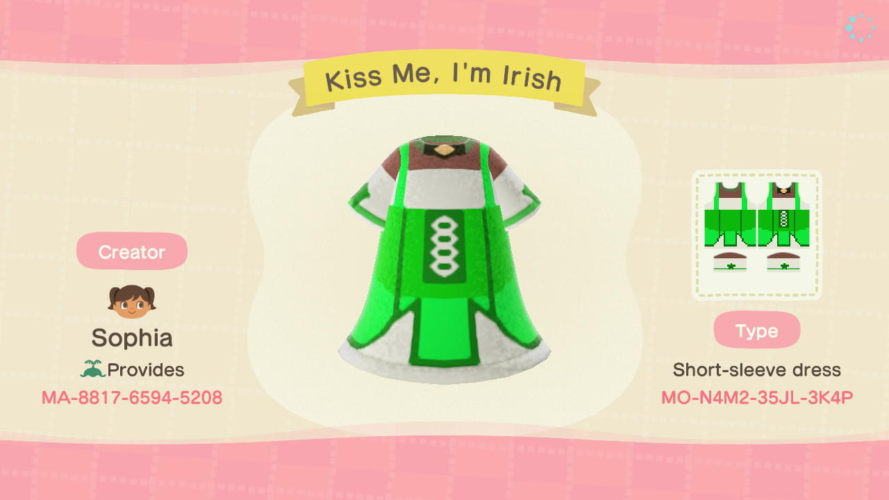 Animal Crossing Design Code: MO-N4M2-35JL-3K4P Kiss Me, I'm Irish